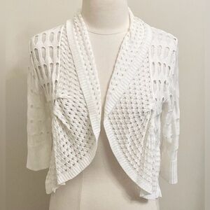 Yarn Art White 3/4 Short Sleeve Crochet Open-knit Coastal Crop Cardigan Size M